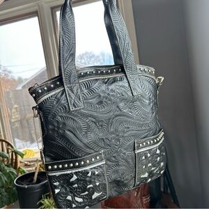 American West Hand Tooled Black Leather Western Purse Bag Handbag Laced